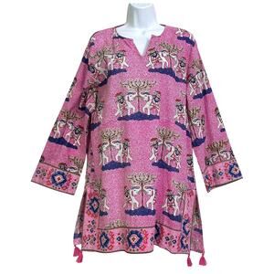Snappy Turtle Pink Twin Elephants Print Cotton Tunic Button Dress Size 2XL NWT
